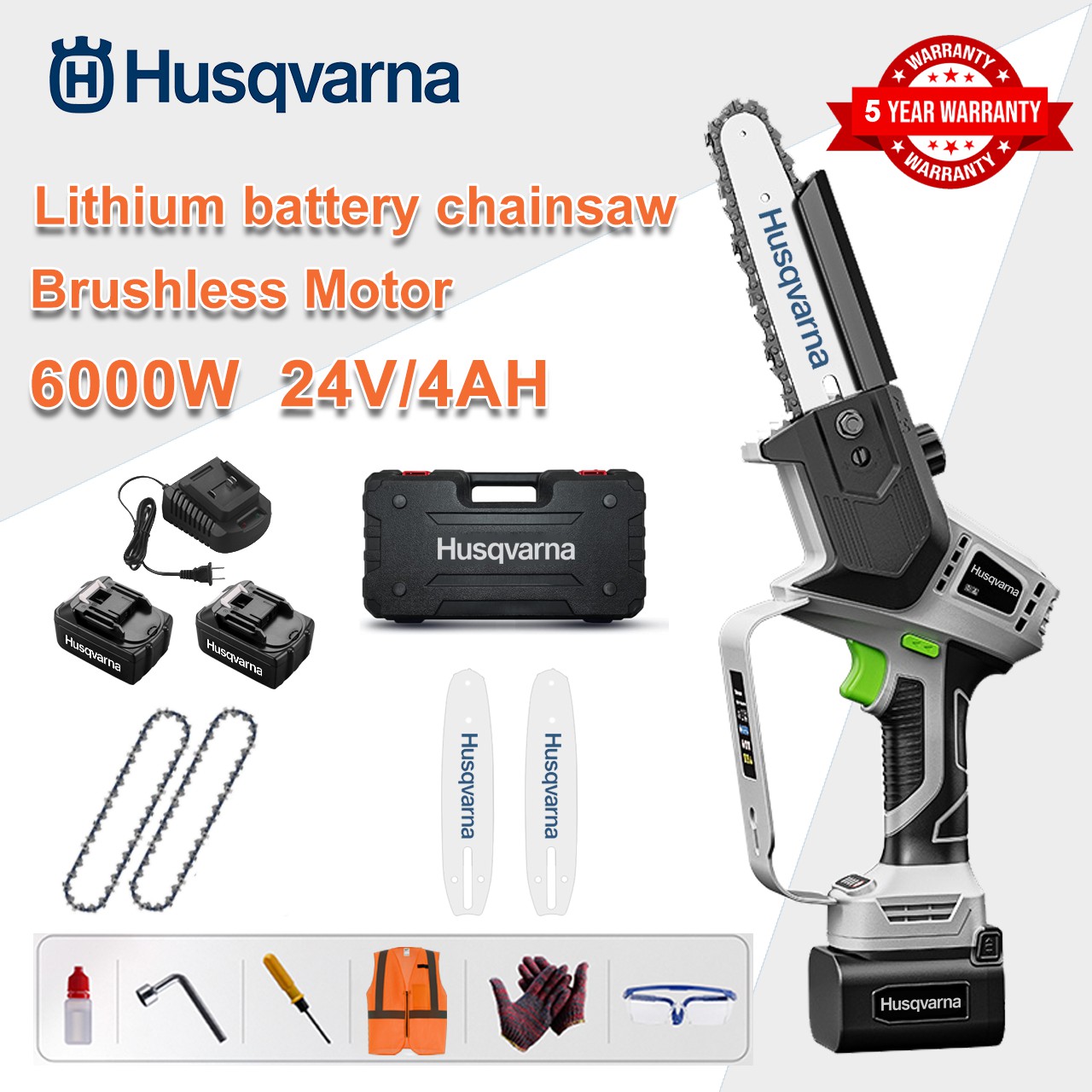[Normální model/5letá záruka] 8palcová 6000W lithiová elektrická pila, 24V baterie*2, nabíječka, vodicí deska*2, řetěz*2, skříňka na nářadí, mazací olej, ochranné brýle