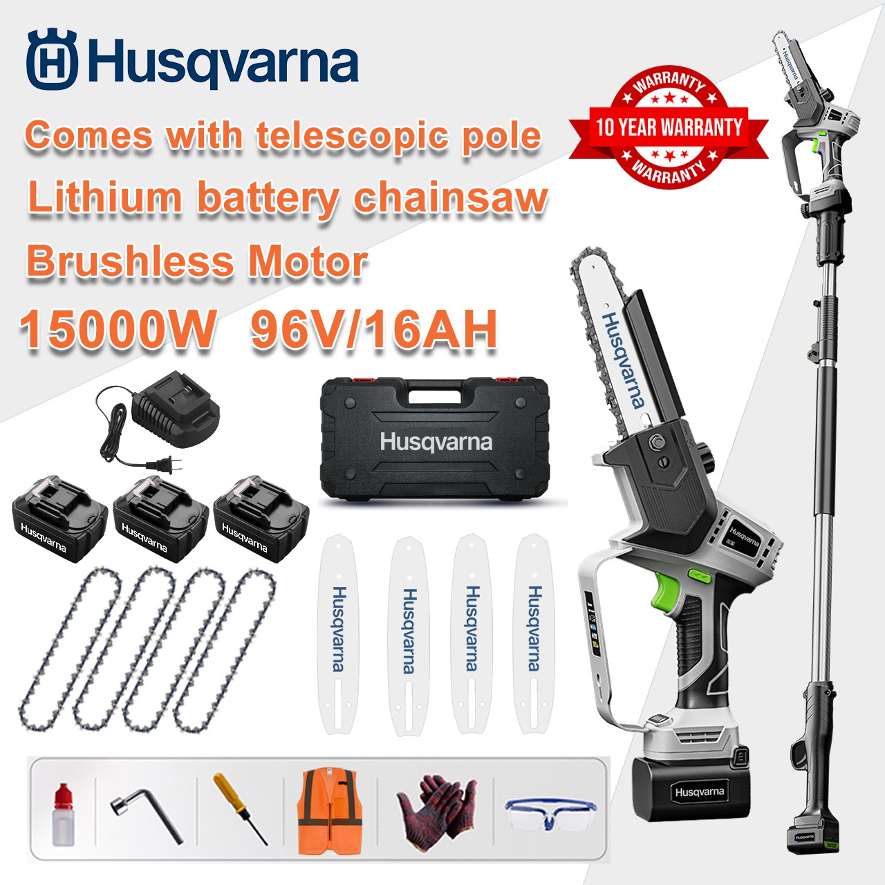 [Prodloužený model/10letá záruka] 10palcová 15 000W lithiová elektrická pila, 96V baterie*3, nabíječka, vodicí čepel*4, řetěz*4, skříňka na nářadí, mazivo a brýle, vysoce výkonný, vysoce účinný kamenný motor (s prodloužením tyč)