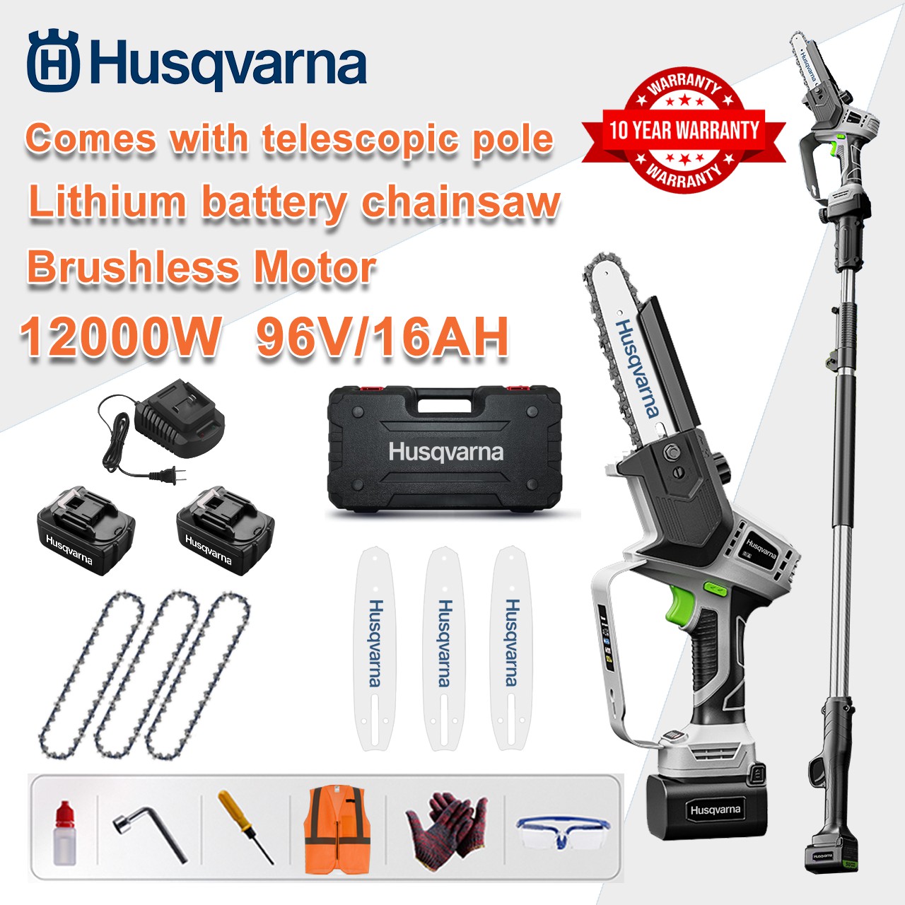 [Prodloužený model/10letá záruka] 12 000W 10palcová lithiová elektrická pila, 96V baterie*2, nabíječka, vodicí čepel*3, řetěz*3, skříňka na nářadí, mazivo a brýle, všechny výkonné motory Vysoká účinnost na kameny (s prodloužením tyče ))